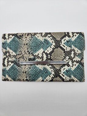 Teal Gray Black Snakeskin Metallic Envelope Clutch Bag EUC